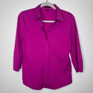 Theory Teona Magenta Pink Stretch Cotton 3/4 Sleeve Button Down Blouse Size M